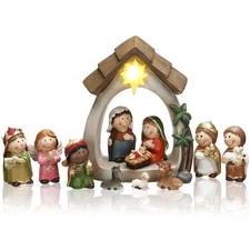 12 Pcs Mini Christmas Nativity Set with LED Light Includes Resin Manger and 1...