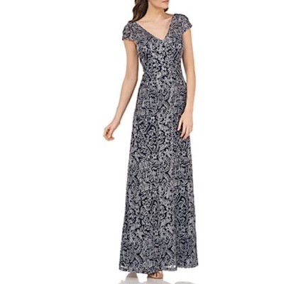 JS Collections Women's Formal Dress Size 8 Blue Lace Short Sleeve A-Line Gown