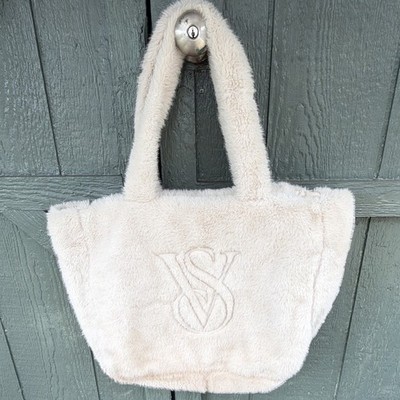 Victoria s Secret Cream Sherpa Faux Fur Tote Bag Zip Top Embroidered VS Logo Lin