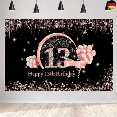 TECREO 13. Geburtstag Mädchen Deko Banner Schwarz und Roségold, Stoff Schild Plakat, 1