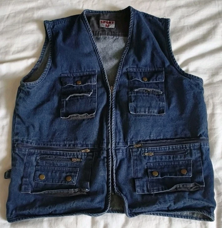 Vintage Mens Multipockets Tactical Combat Fishing Gear Zipper Vest Jacket Blue M