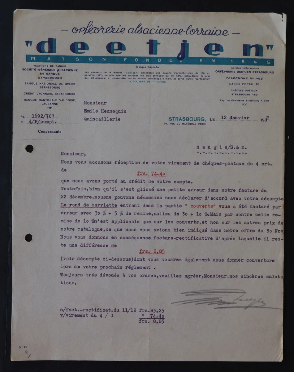 Facture STRASBOURG 1932 DEETJEN ORFEVRERIE ALSACIENNE LORRAINE 166