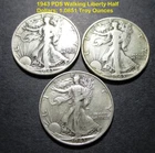 1943 P D S 3 Walking Liberty Half Dollars .900 Silver Coin Lot 1.085 Troy Ounces
