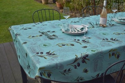 Provence Tablecloth 150X240 CM Oval Turquoise Olive Motif From France Non-Iron