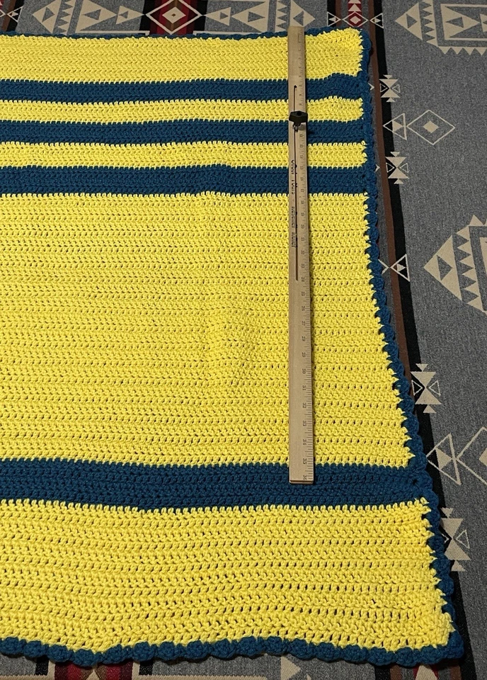 Manta afgana de ganchillo hecha a mano amarillo azul a rayas Ucrania 28x40 M4 Foto 2 de 4