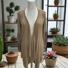 Women 1XL Open Front Sequin Sleeve Cardigan Sweater Neutral Boho Glam Layering