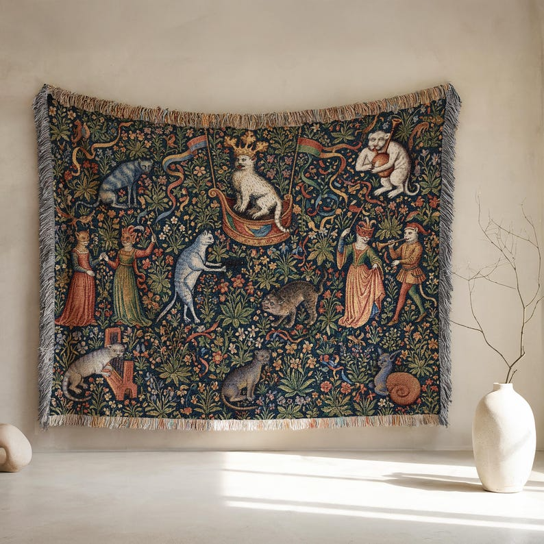 Medieval Cats Festival Woven Tapestry Blanket