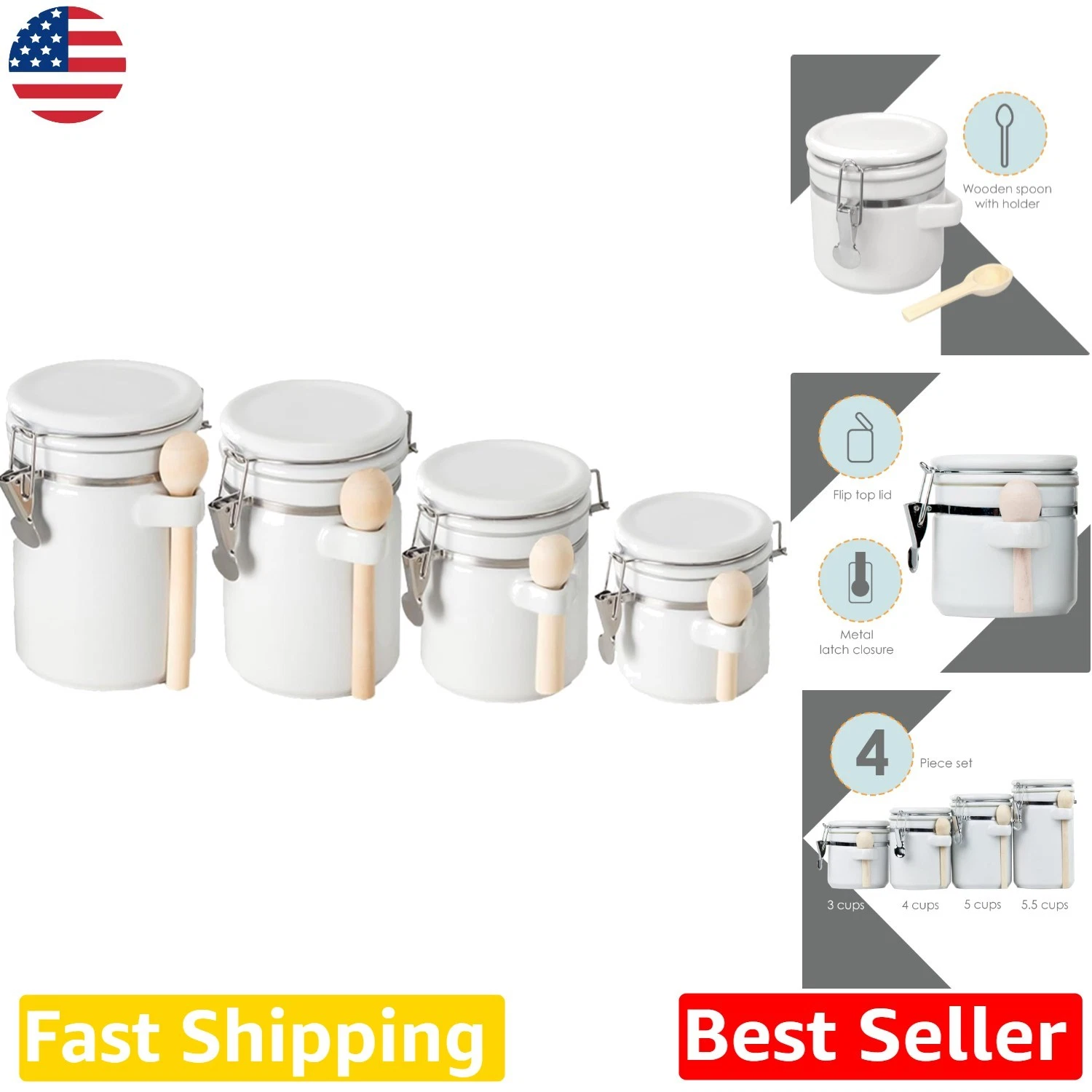 4pc White Ceramic Canisters Airtight Flour Sugar Coffee Set