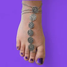 SILVER MEDALLION ANKLET FOOT JEWELRY bellydance Tibetan Boho Bohemian mandala V3