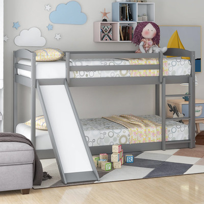 Euroco Twin Over Twin Bunk Bed with Slide, Ladder, Safety Rails - Gray