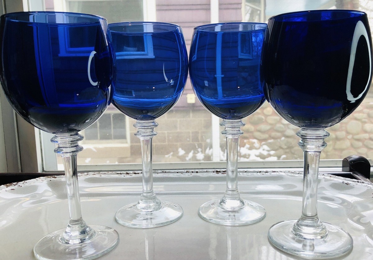1990's Poland Blue Purple Water Goblet Balloon Wine Wafer Stem Heavy Set Of  4 | eBay