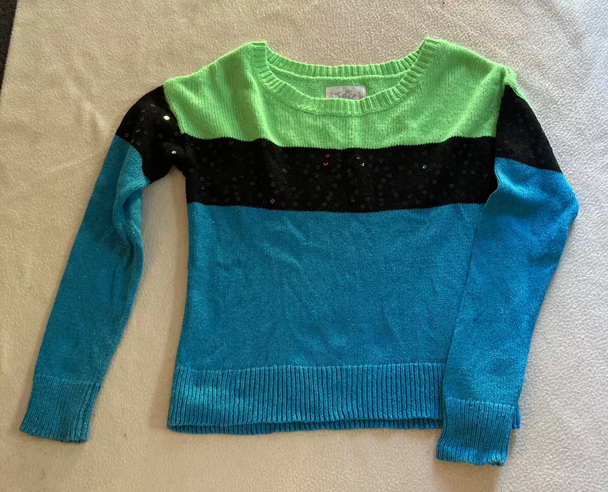 Justice Striped Sequin Sweater Girls Size 12 Green Blue Black