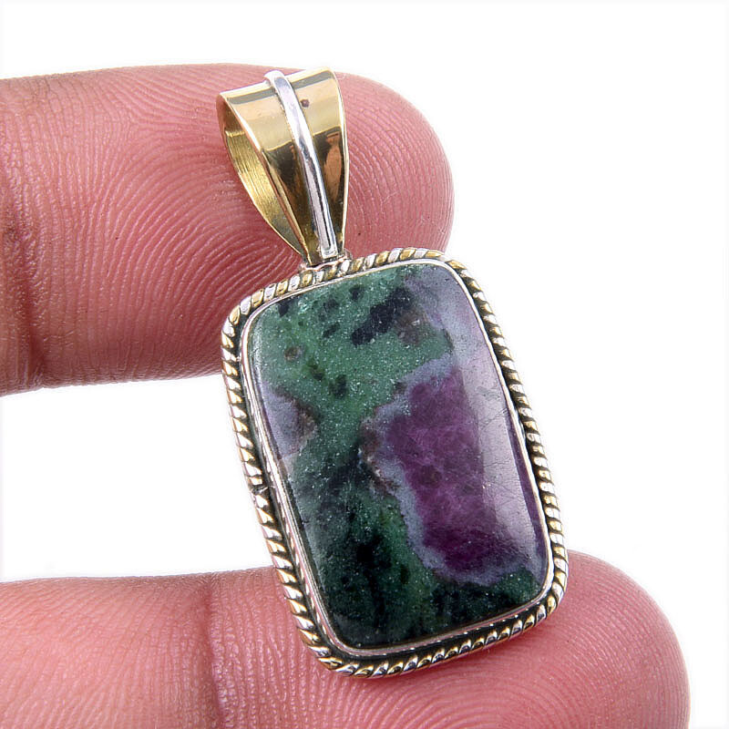 Lab-Created Ruby in Zoisite Two-Tone 925 Sterling Silver Pendant 1.25 Inch  