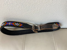 Vintage 1991 Seed Bead Black Leather Belt Silver Native Western Colorful Size 32