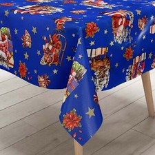 Nappe de Table en Toile Cirée 137D Bleu Noël Père Noël Carré Rond Oval