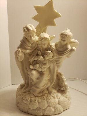 Nativity Illuminated Jesus Mary Joseph Guardian Angel Beautiful Lighted Ceramic