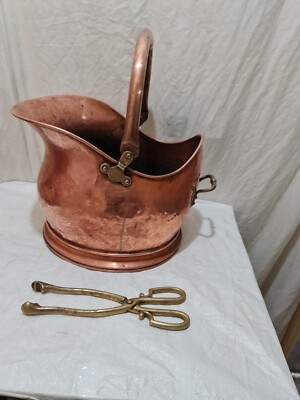 Vintage Kohleeimer massiv Messing/Kupfer mit Griffen + Messingzange Vintage
