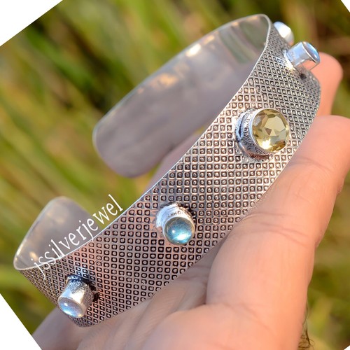 Bracelet Manchette Argent Sterling 925 Avec Topaze Blanche - Fait Main Inde
