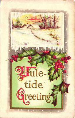 Yuletide Greetings Holly with Holly Berries Embossed Postcard Unposted