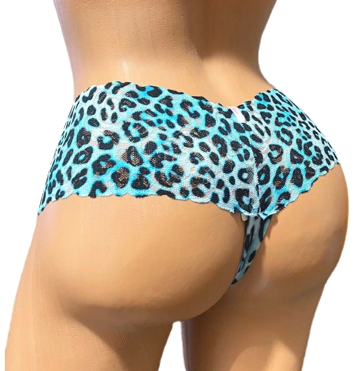 Victorias Secret PINK Lace & Cotton Cheekster tanga Panty Turquoise Animal  Print