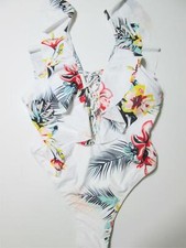 Unbranded Women Size L One Piece Swimsuit White Wireless Floral Ruffle Beachwear