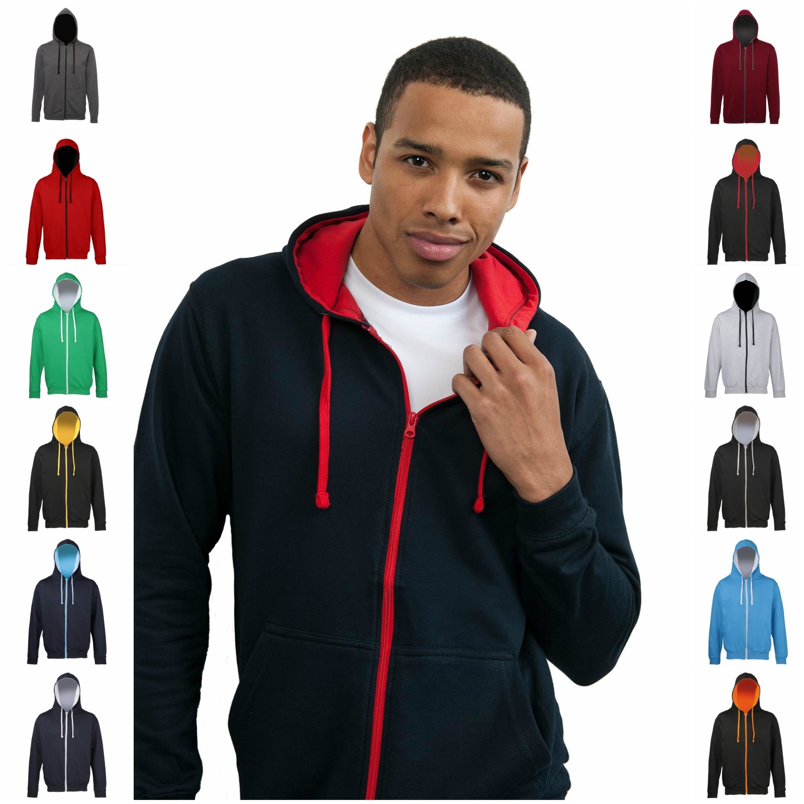 Mens Full Zip Hoodie Contrast Hooded Sweater Top Sweatshirt Jumper Zipped  Hoody | eBay