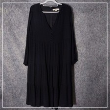 Loft Ann Taylor Dress S Black Crepe Midi Peasant Sleeve Button Boho Minimalist