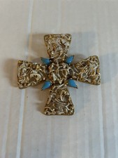 Vintage Maltese Cross Broach Gold Tone White Enamel and Faux Turquoise