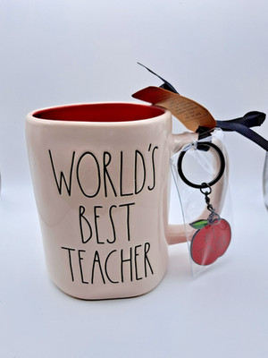 RAE DUNN   Tasse Becher WORLD´S BEST TEACHER Weltbester Lehrer mit Anhänger