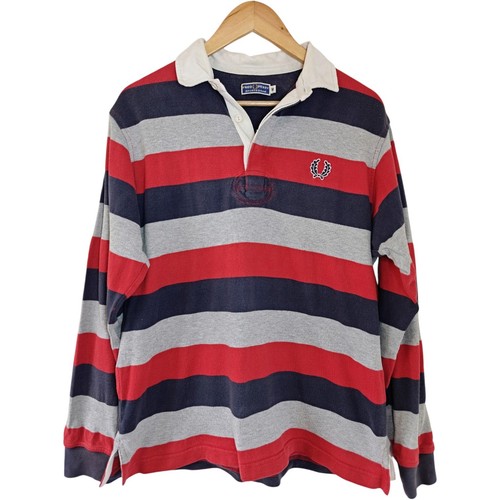 Fred Perry, Fred Perry, Vintage 90s, Navy Red & Grey Stripe, 100% Cotton L/S Rugby Shirt, M.