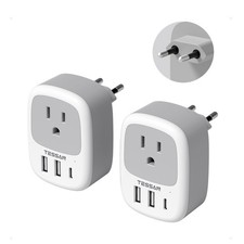 2 Pack European Travel Plug Adapter, TESSAN US to Europe white grey - Type C