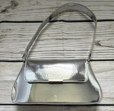 Women s Silver Metallic Shoulder Bag, Magnetic Closure, Buckle, Lined Pockets