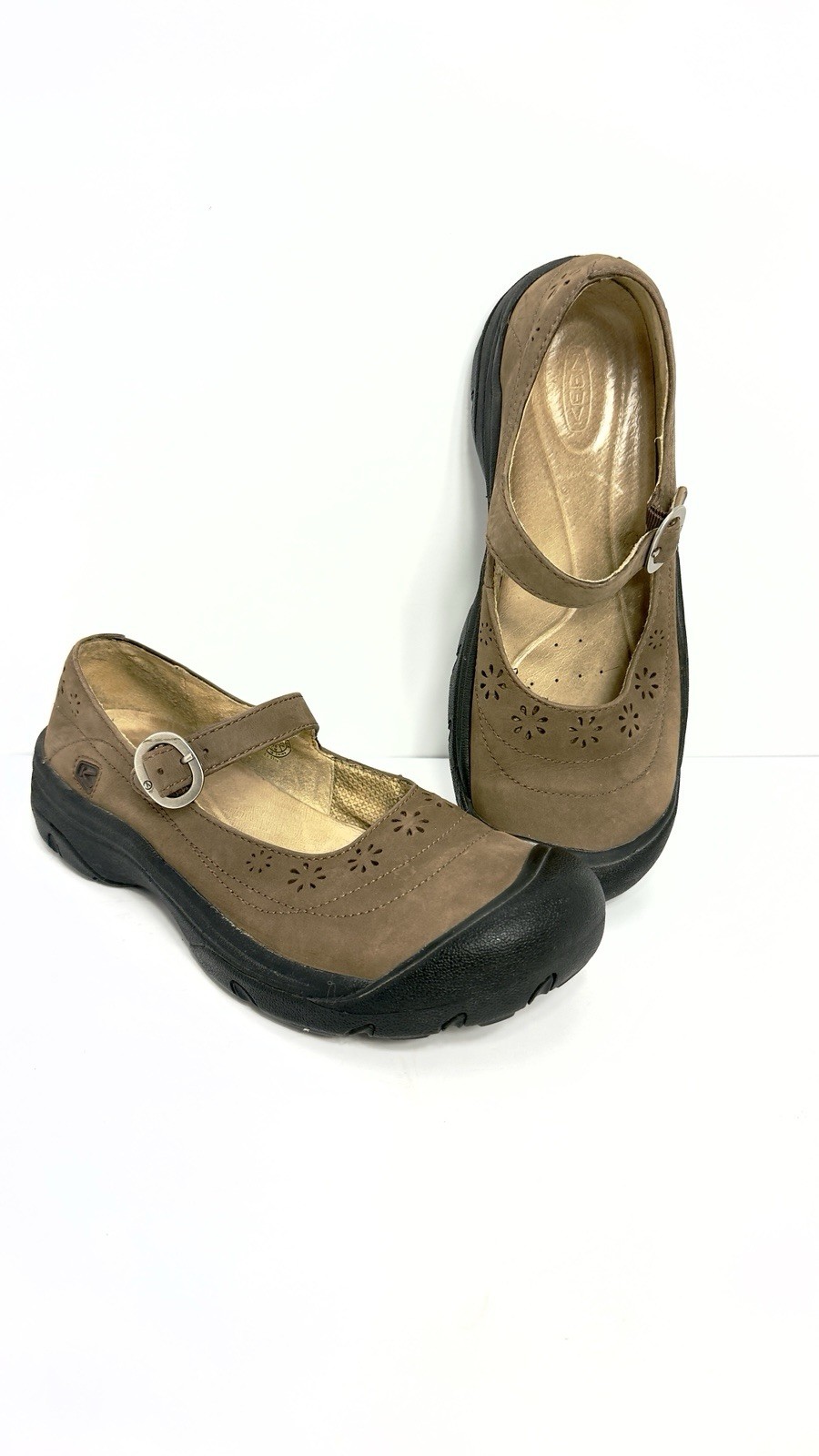 Keen Calistoga Shoes Women 9 Brown Leather Comfort Floral Mary Jane Loafers Logo