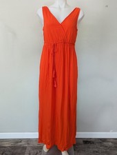Orange V-Neck Sleeveless Summer Maxi Dress Waist Tie Side Slits Beach Vacation