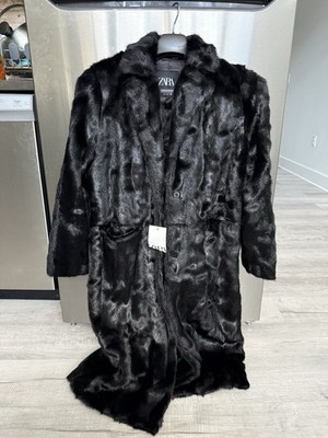 ZARA Woman Collection FAUX FUR BLACK COAT Sz Medium