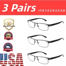 3 Pack Mens Rectangle Gunmetal Metal Business Reading Glasses  Readers +1.0~+3.0