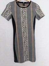 Select Tartan Leopard Stripe Pattern Mix Mini Dress Grey Size 6 Cocktail Party