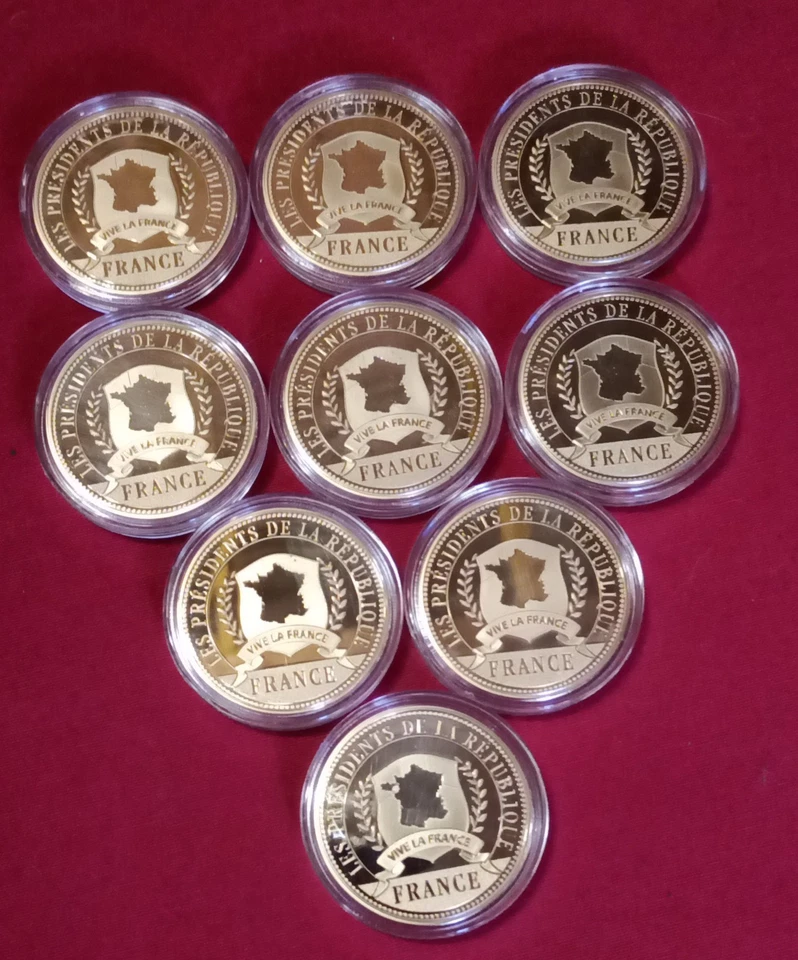 9 Pieces Commémoratives Présidents République Française Plaqué Or Fin 24K - Photo 2/4