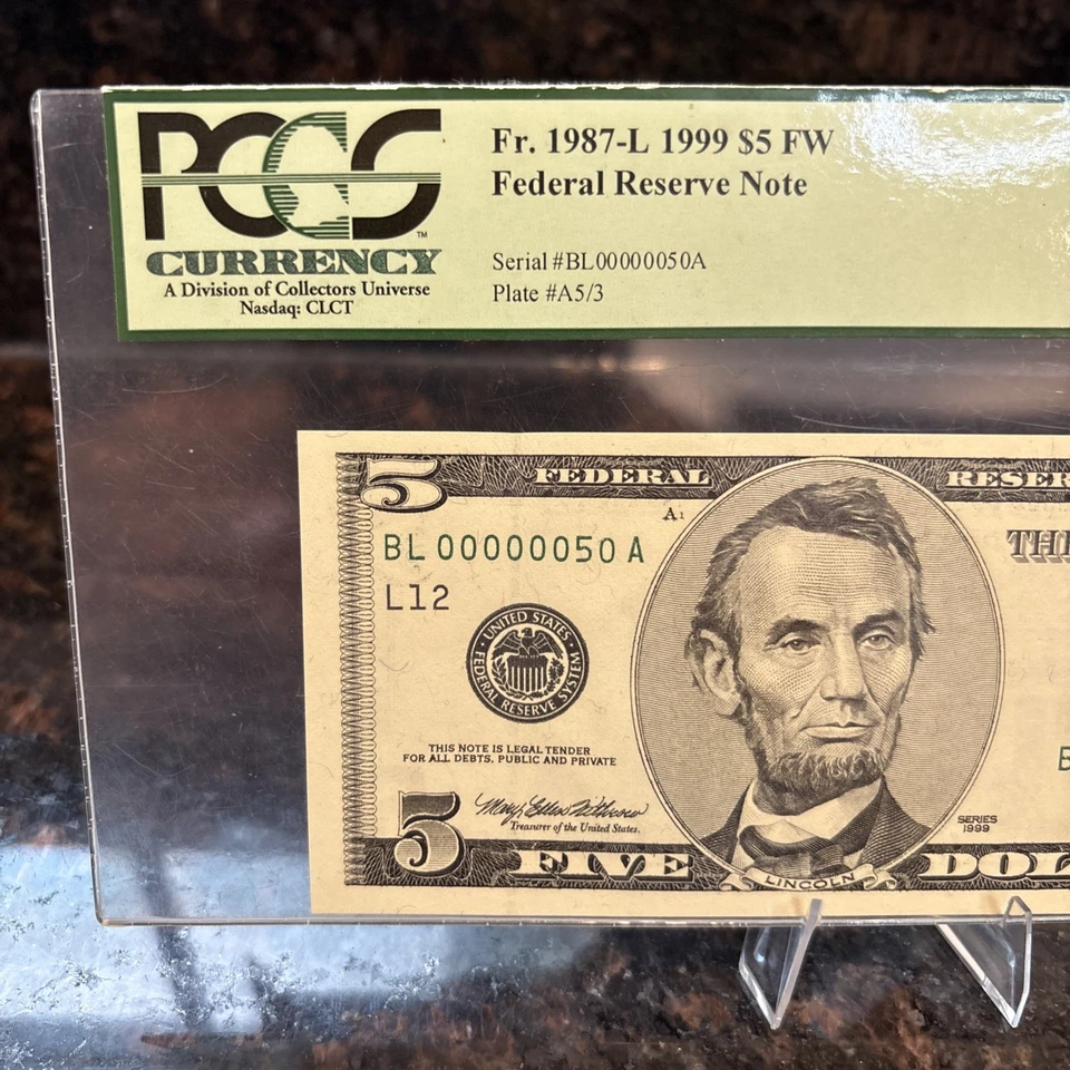 FR#1987-L Series1999$5.00 FW FRN..Serial Number BL00000050A.PCGS 65 pPQ,No Reser - Image 2 of 4