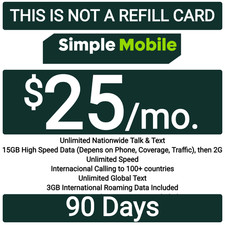 Simple Mobile Prepaid 25 Plan For 90 DAYS Unlt'd Talk/Text/3GB Data 75 VALUE