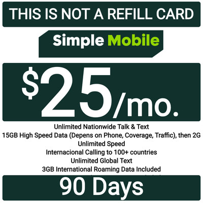 Simple Mobile Prepaid $25 Plan For 90 DAYS Unlt'd Talk/Text/3GB Data ($75 VALUE)