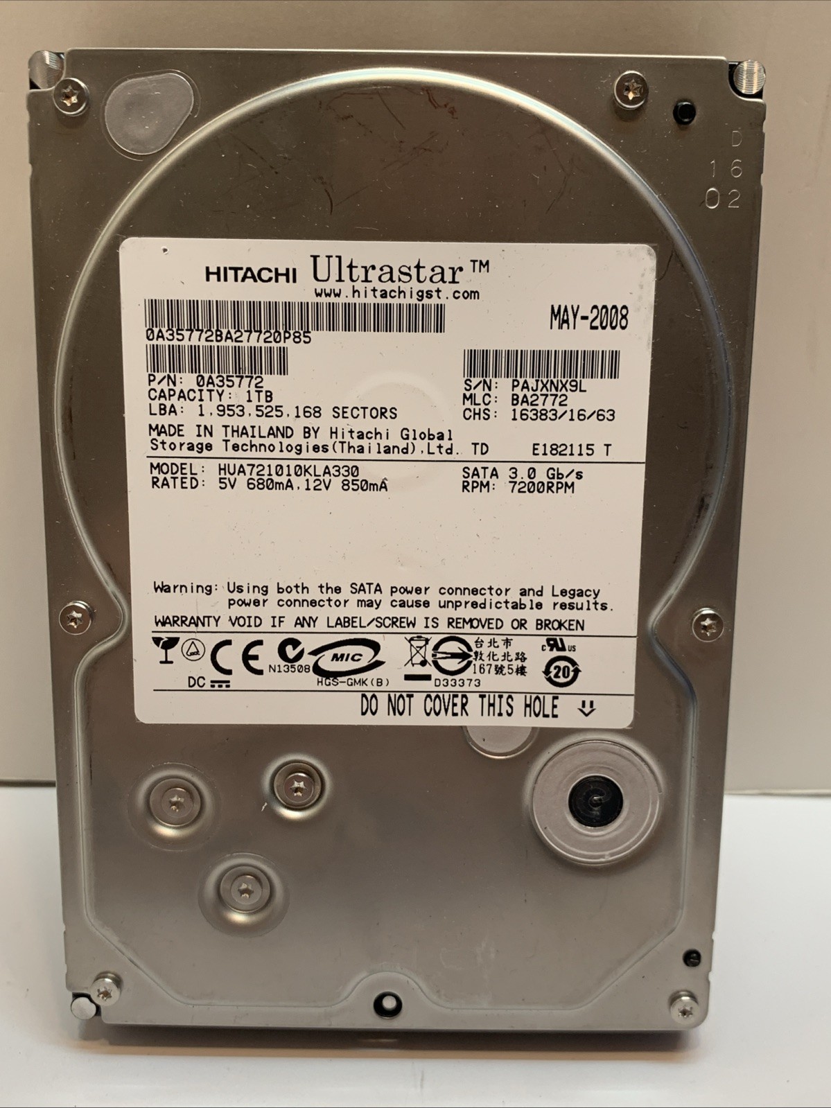 Hitachi HUA721010KLA330 PN:0F10402 MLC:BA2772 1.0TB Sata 3.5