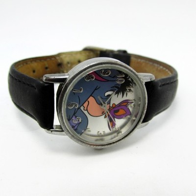 Vtg Ladies Disney Eeyore Butterfly Nose Quartz Watch Black Leather Strap by SII