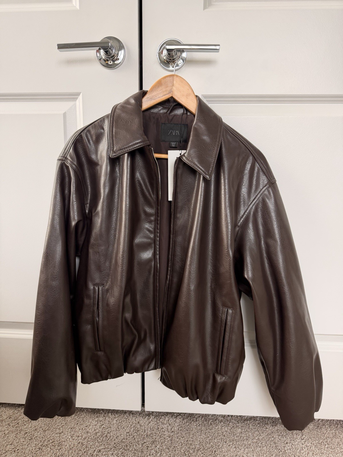 ZARA Brown Bomber Jacket Women's XS Full Zip Pockets Elastic Hem Long Sleeve