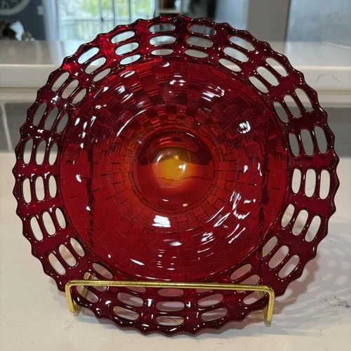 Vintage Ruby Red Glass Open Lace Edge Pedestal Plate Dish 9” Depression Style