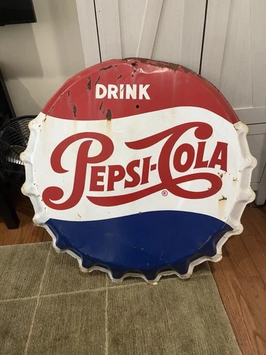 Pepsi Antique / Vintage 1950’s Tin Large Bottle Cap Advertising Sign 30” - Rare