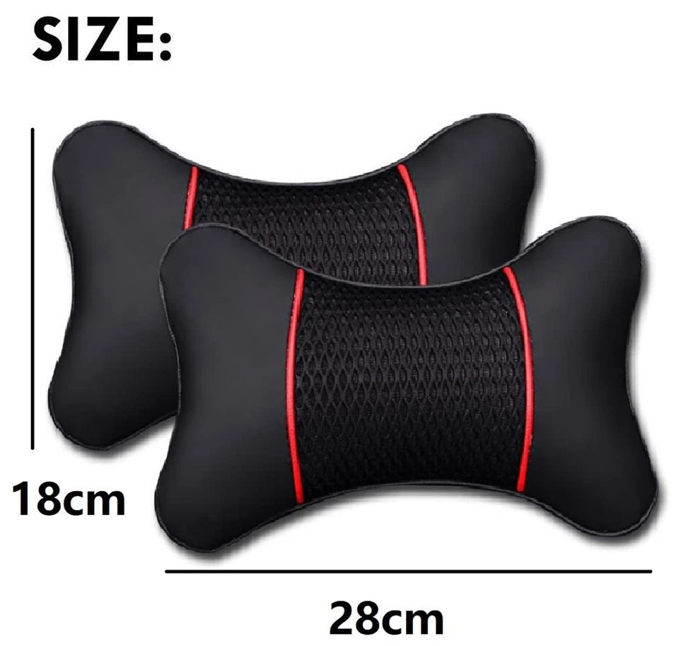 Almohadilla de cojín de reposacabezas 3D para asiento de coche de cuero PU rojo negro 2 piezas Foto 2 de 4