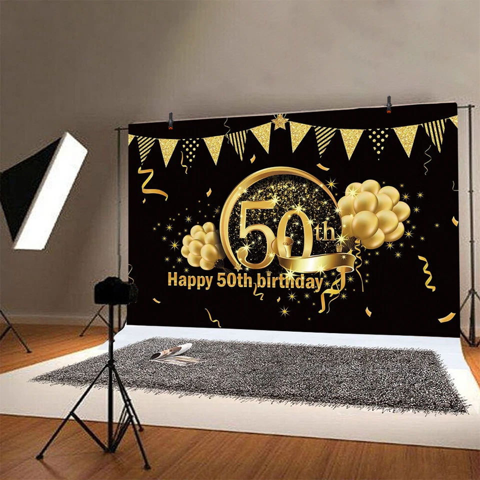 Gold 50th Backdrop Women Men Happy Birthday Party Photo Background Banner Decor - image 2 of 4