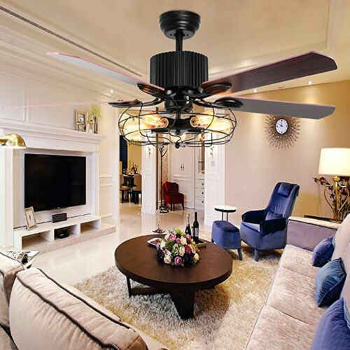 Retro Industrial Ceiling Fan Light Fixture FOR Restaurant Living Room Bedroom - Picture 4 of 9
