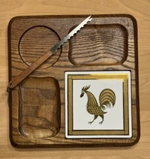 Wood Gold Rooster Tile Snack Tray Cheese Board w/ Knife Plate Square 9” x 9”